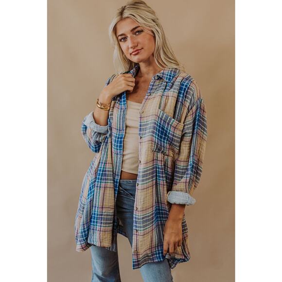Free People The Voyage Shirtdress Gauze Plaid Blue in Sunrise Combo Size XS - Picture 6 of 14
